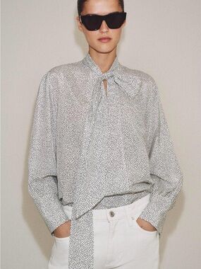 Zara White Blouse with Black Micro Dot Tie-Neck